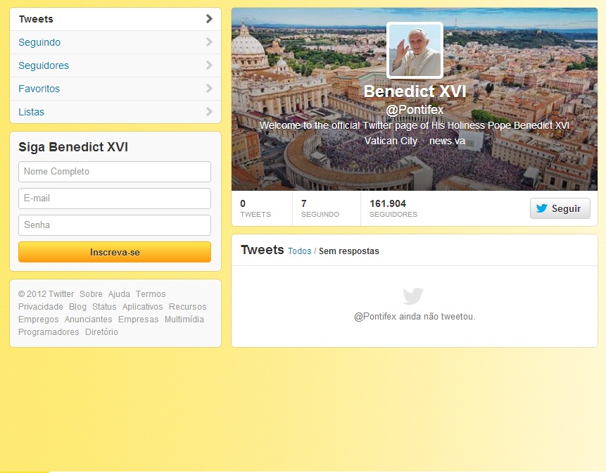 Bento XVI enviará seu primeiro 'twit' sobre o tema da fé